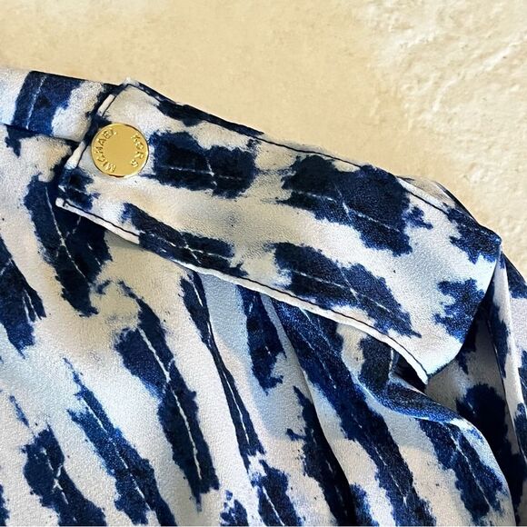 Michael Michael Kors Blue & White Shibori Tie Dye Print Cinched Waist Blouse Med - Picture 4 of 6